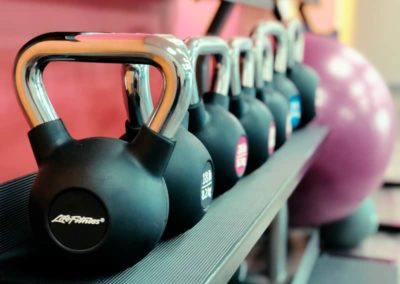A row of black kettlebells of varying weights lined up on a gym rack.