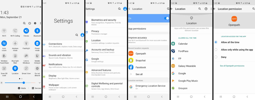 A series of smartphone screenshots showing settings menus, including notifications, location permissions, and apps like Snapchat and Facebook with location access options.