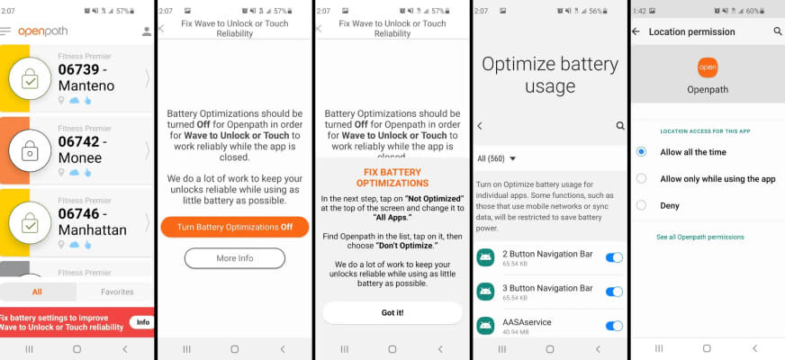 Sequence of smartphone screens showing steps to adjust battery optimization settings for app reliability, including toggling location permissions and battery usage options.